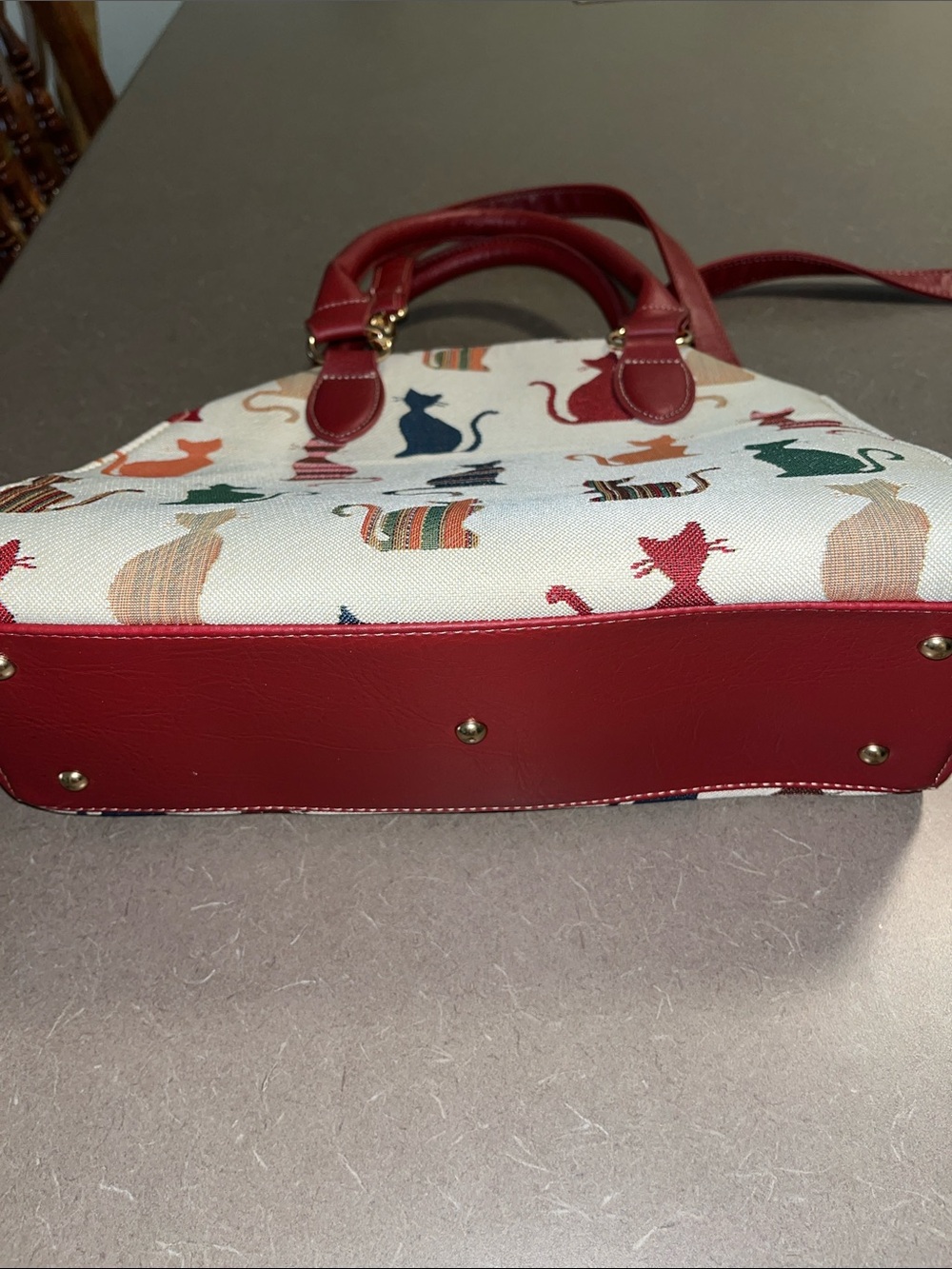 NWOT Signare Cat Pattern Canvas Satchel Handbag with Red Trim & crossbody strap